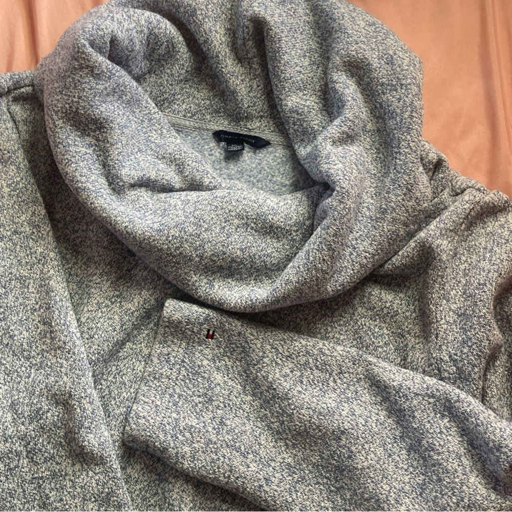 Tommy Hilfiger Logo Cowl Neck Sweater Front Pockets Blue White Cotton Blend XXL